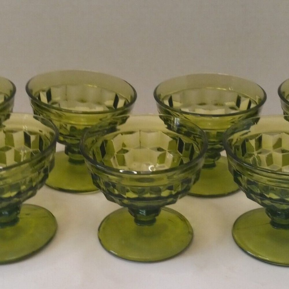 Vintage Set Of 7 Indiana Colony Whitehall Green Cubist Footed Sherbet Glasses
